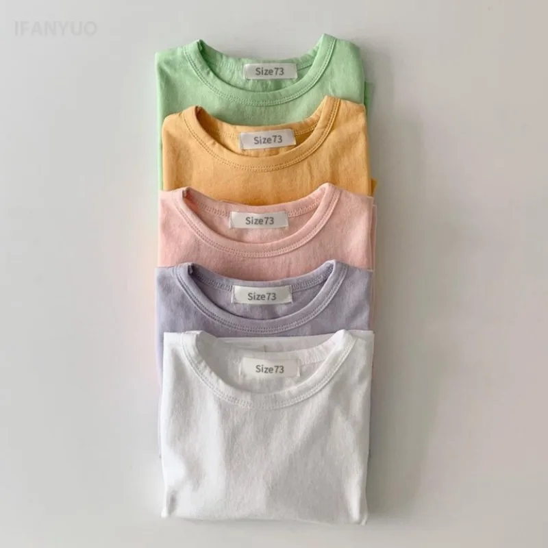 0-4Y New Baby Shirt Korean Infants Young Children's Long Sleeved Base T-shirt Candy Color Cotton Boys Girls Round Neck Tops