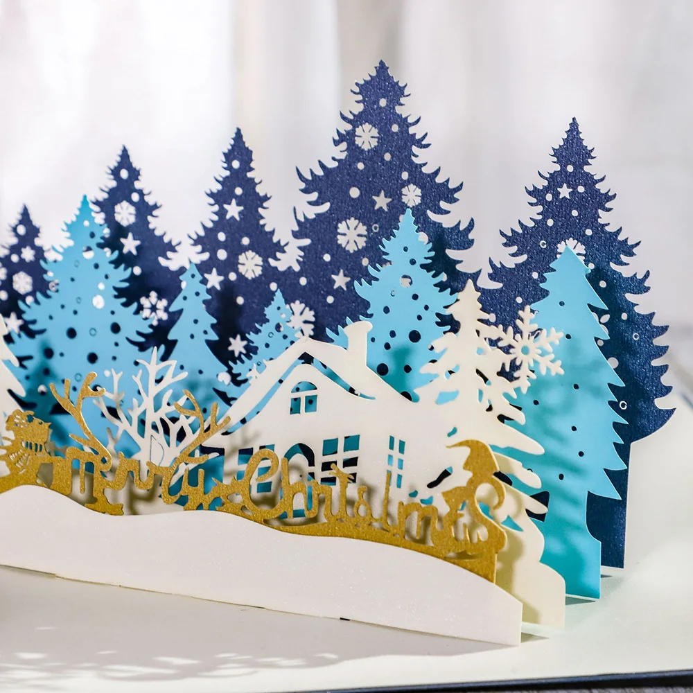 1PC 3D Christmas Forest Hollow Greeting Card DIY Handmade Foldable Invitation Card Christmas Wedding Holiday Gift
