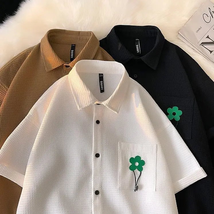 

Waffle Shirts Men Women Summer Teens Half Sleeve Breathable Casual Trendy Male Clothing All-match Baggy Korean Рубашки Couple