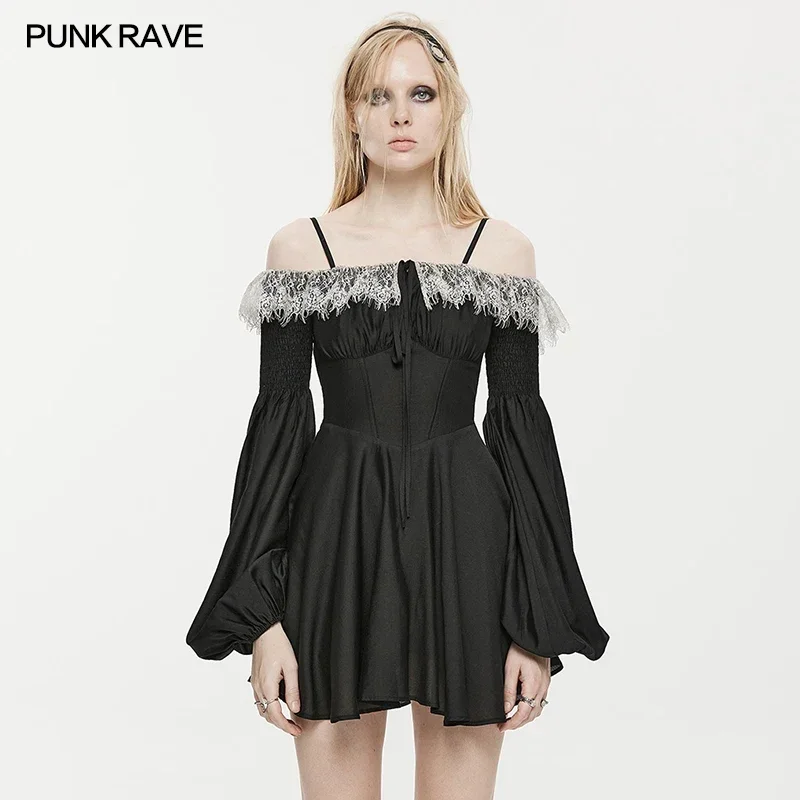 

PUNK RAVE Women's Daily Off Shoulder Lace Edge Court Long Sleeve Dress Gothic Collect Waist Neck Bands Sexy Mini Dresses