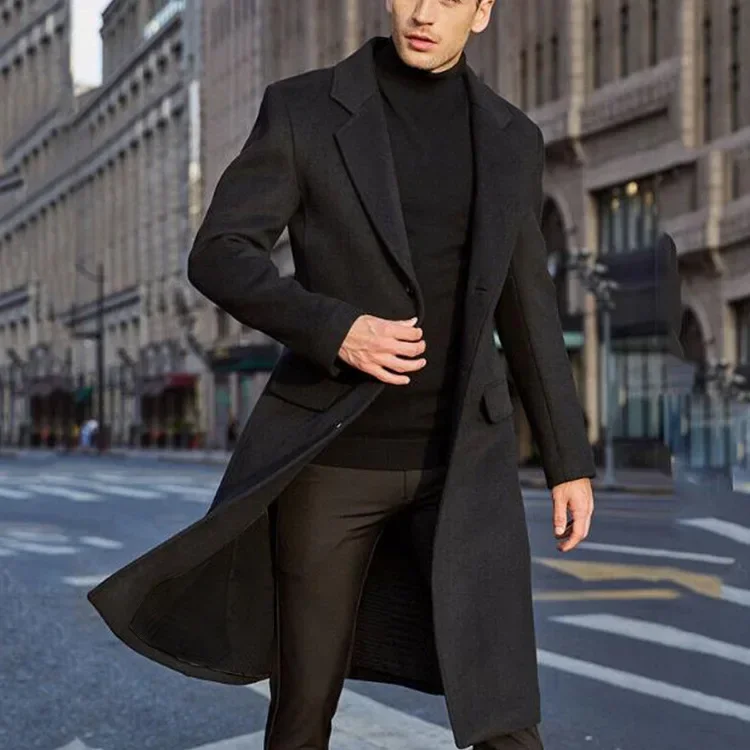 British Style Men Long Trench Coat Woolen Coat Men's Autum Winter Solid Color Warm