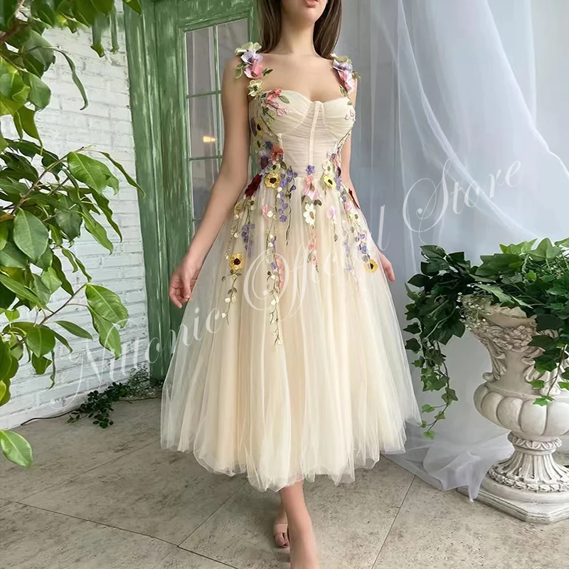 

New 3D Flowers Prom Dresses for Woman Tulle Spaghetti Strap Tea-Length A-Line Evening Party Formal Occasion Gala Guest 2023