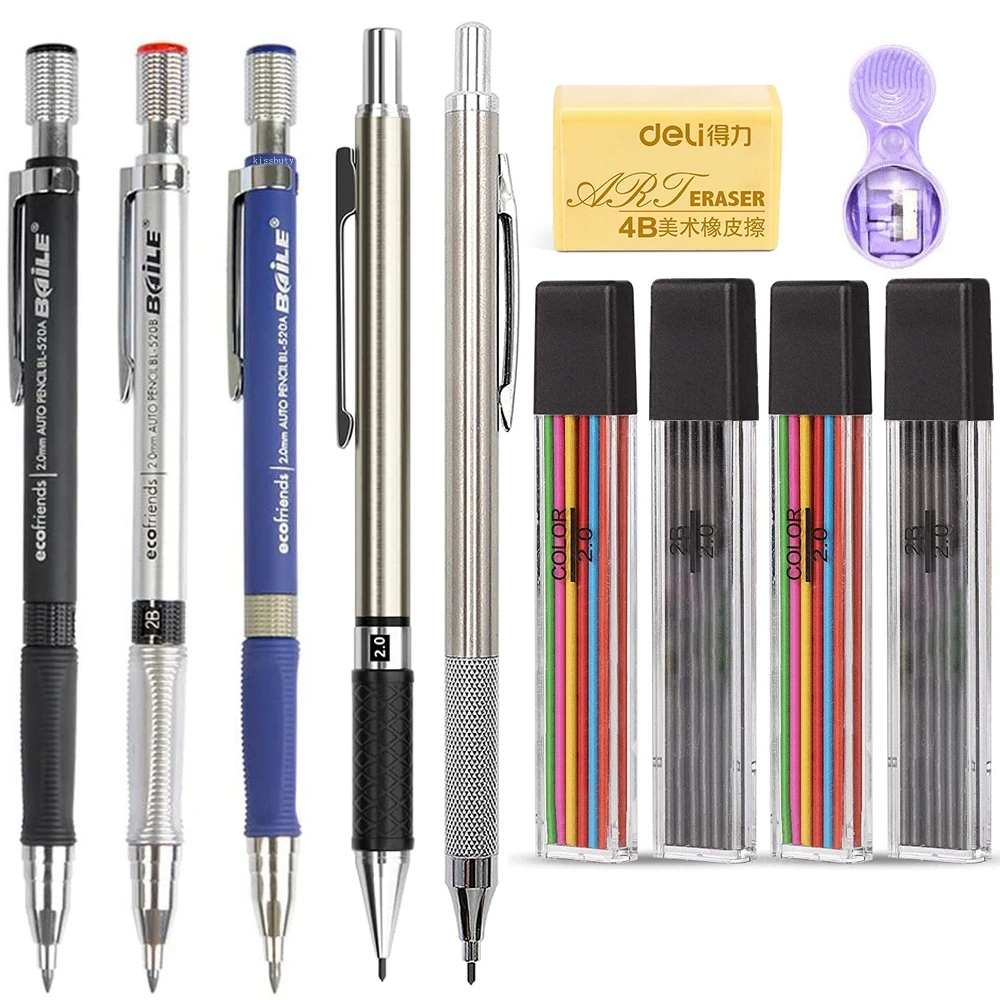 Mechanical Pencil Set 2.0 mm 2B Automatic Student Pencils Color/Black Lead Refills Art Sketch School Supplies Kawaii Stationery