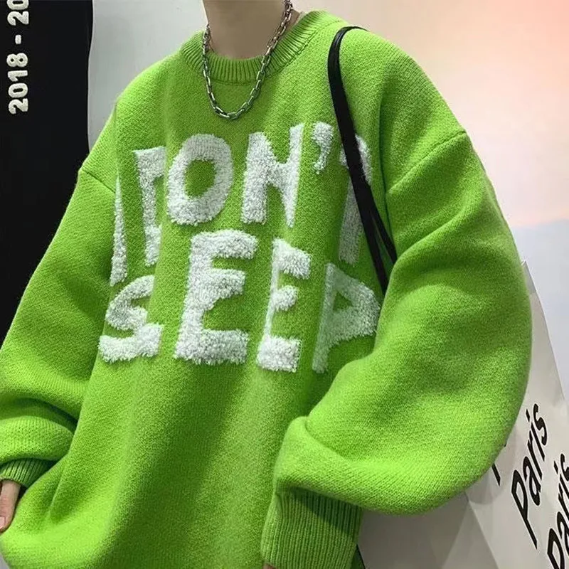 

2022 Winter Men's Towel Embroidered Coats Round Neck Cashmere Sweater Thickened Wool Knitting Fashion Trend Vintage Pullover