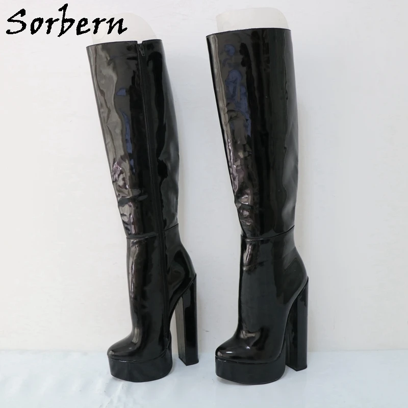 

Sorbern 20Cm Block High Heel Knee High Boots For Women High Instep Platform Shoes Unisex Style Fetish Shoes Multi Colors
