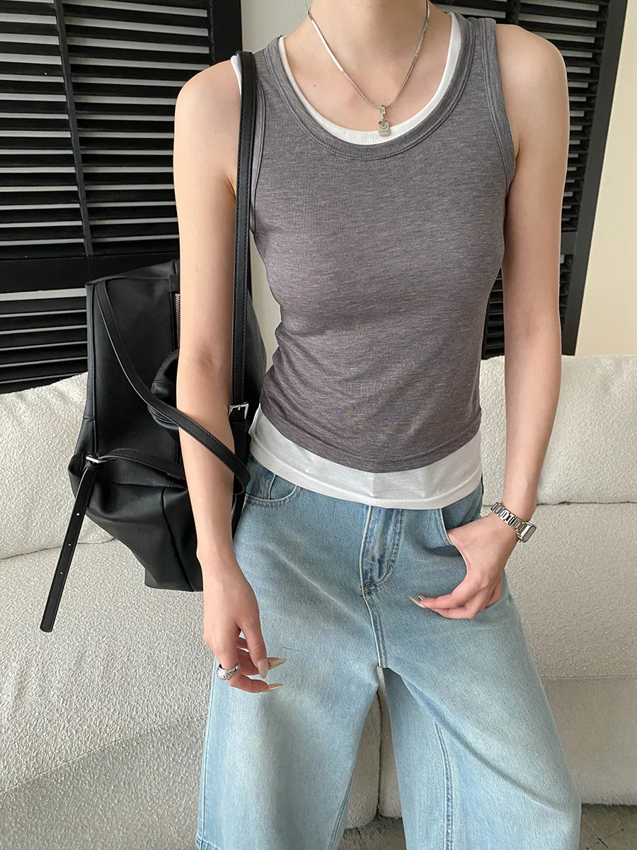 Sommerliches, lässiges, einfarbiges, kontrastfarbenes, zweiteiliges Tanktop mit Rundhalsausschnitt und schmaler Passform für Damen – Detail 12