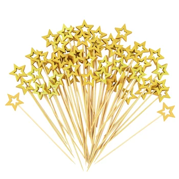 50/100PCS Gold Star Disposable Bamboo Sticks Christmas Wooden Fruit Fork Dessert Cocktail Picks Birthday Party Buffet Toothpick 1