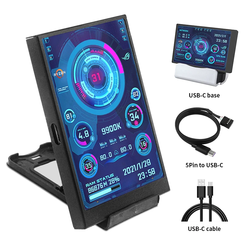 Ips Tipo-c Tela Secundária Mini Computador Display Usb Cpu Gpu Ram Monitor Hdd com Suporte Caixa de Metal sem Uso Aida64 35 5