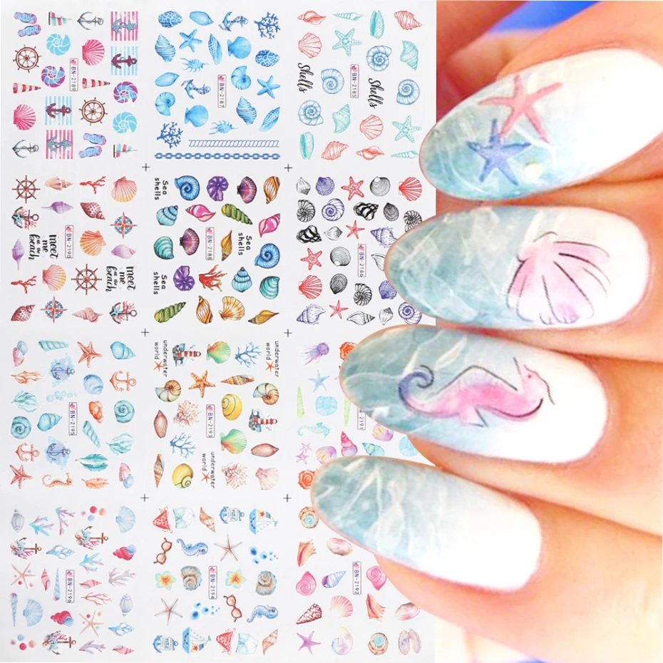 12 designs nail art sea shell stickers decals ocean theme