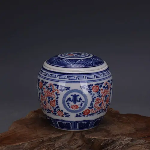 

Chinese Blue & White Porcelain Pot Qing Kangxi Red Glaze Dragon Design Tea Caddy