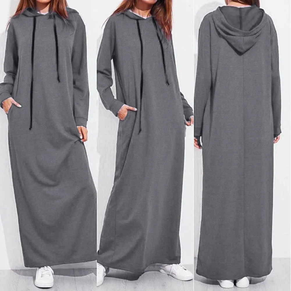 

Autumn Women's Dress 2023 New Fashion Simple Retro Hooded Dress Sweatshirt Winter Long Sleeve Pocket Solid Hooded Robe