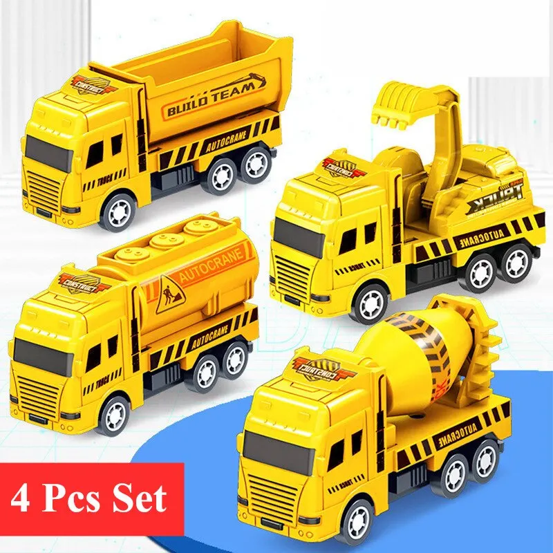 STEM Learning Friction Powered Engineering Trucks, Durable Mini Car Toys ,Ideal Birthday Gift & Party Favors (4 PCS)
