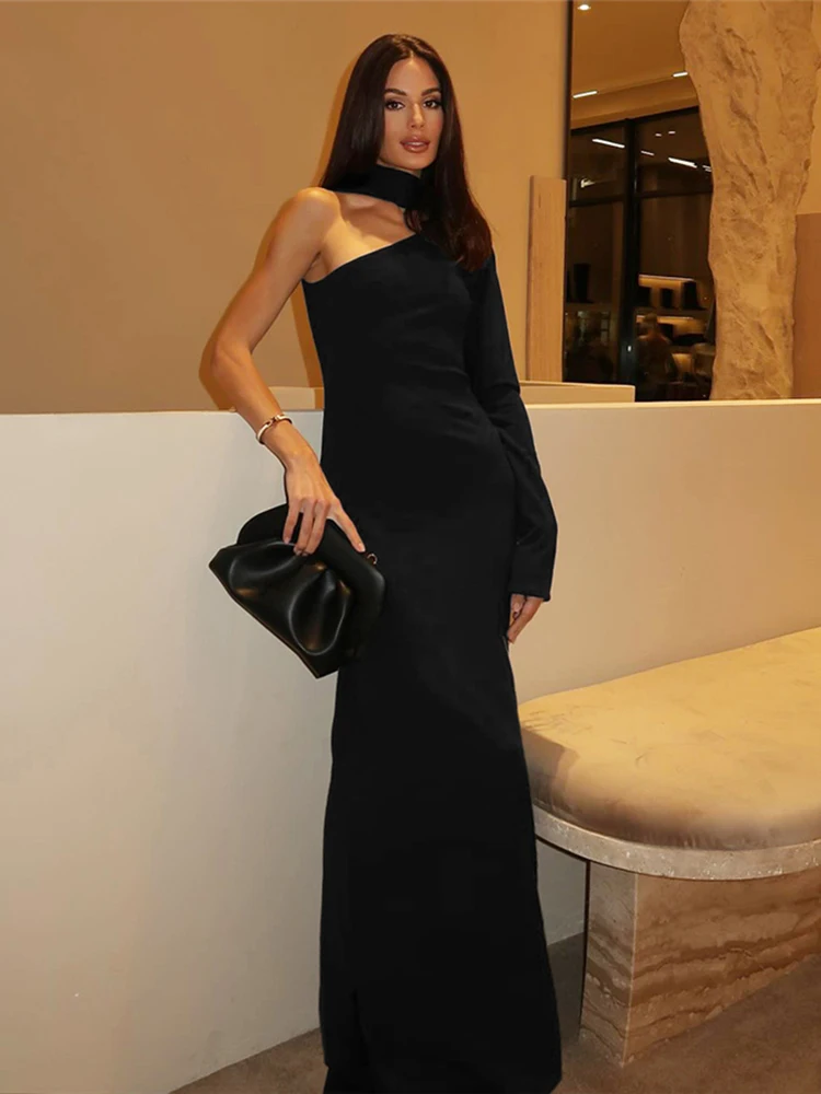 Nibber Asymmetrical Collar Maxi Dress Women Turtleneck Tassel One-Sided Sleeve Solid Party Elegant Banquet Vacation Vestidos