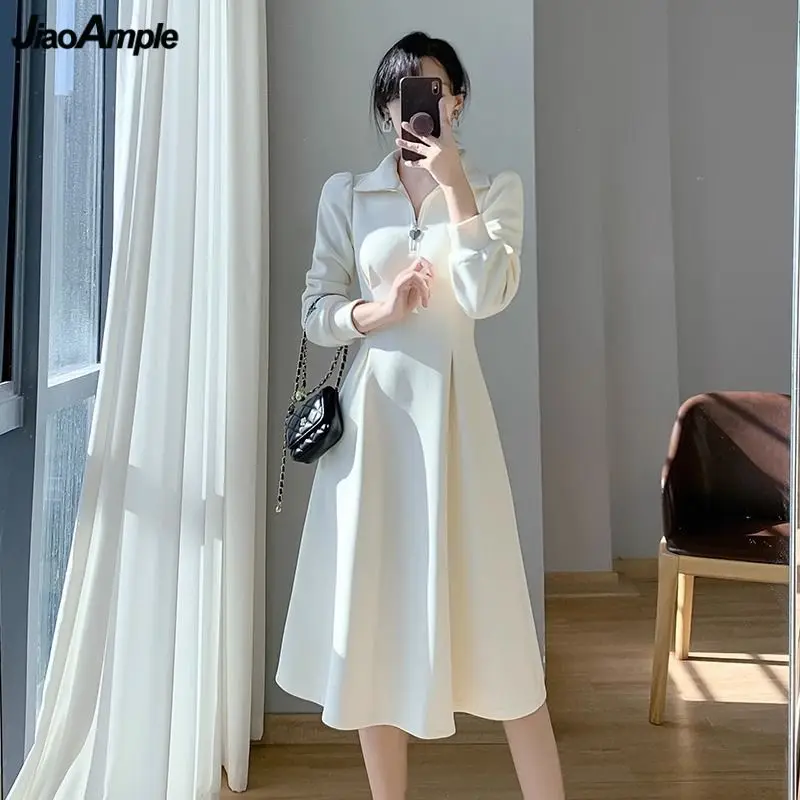 Women Spring Autumn Polo Collar Midi Dress Pure Color Sports Casual Long Sleeve Dresses 2023 Korean Lady Simple Joker Clothing