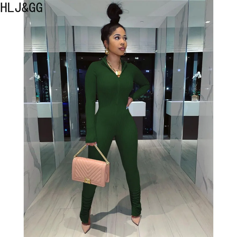 HLJ&GG Autumn Casual Solid Zipper Bodycon Jumpsuits Women V Neck Long Sleeve Stacked Pants One Piece Playsuits Female Overalls