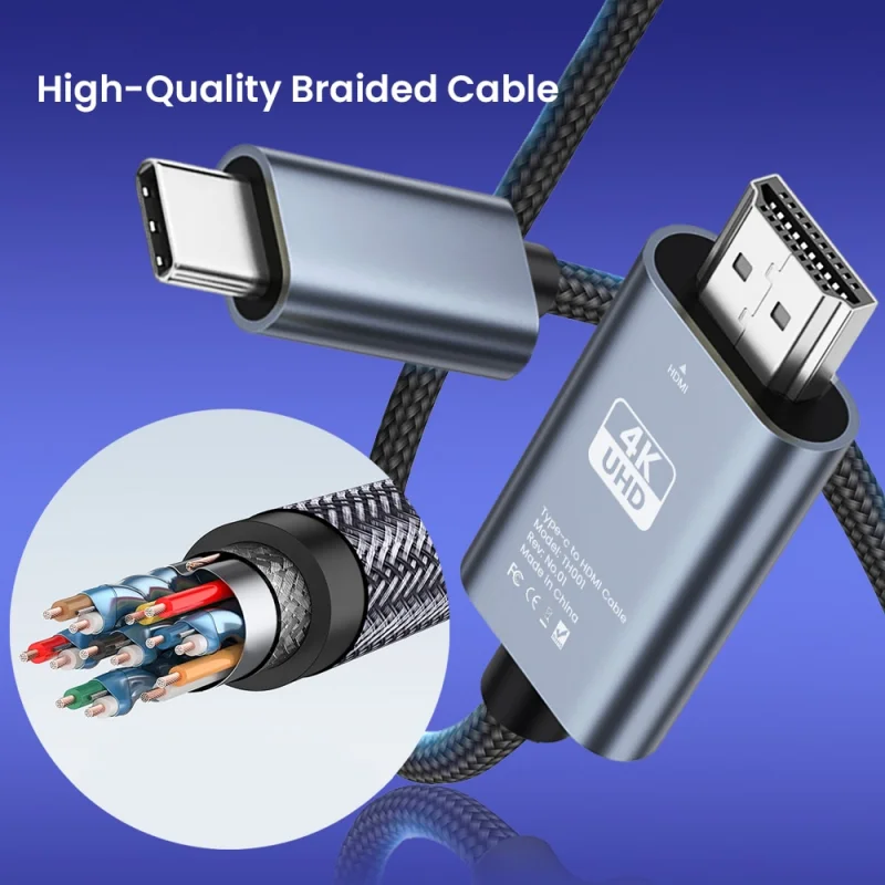 Фото Переходник с Type-C на HDMI, 4K @ 60 Гц, плетеный кабель Type-C на HDMI, Ультра высокоскоростной адаптер, кабель для MacBook Pixelbook iPad Dell №2