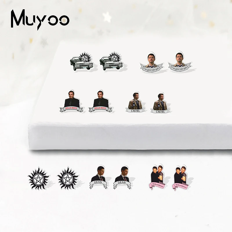 

Новинка 2022, модные классические серьги-гвоздики из эпоксидной смолы и акрила с супернатуральными персонажами Дина и Сэм ручной работы