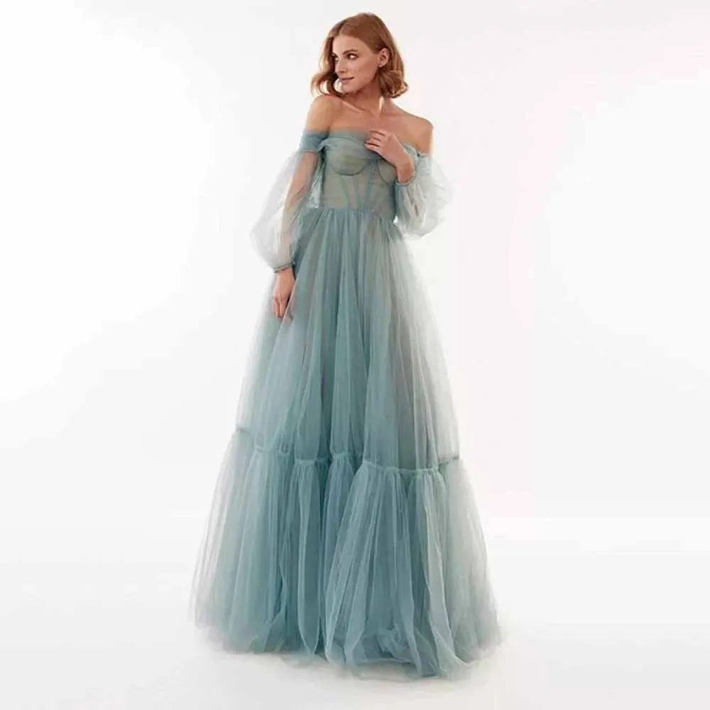 

OEING Off Shoulder Luxury Formal Evening Dresses Pleat Long Sleeves فساتين سهرة Floor Length Elegant Prom Growns Party Women