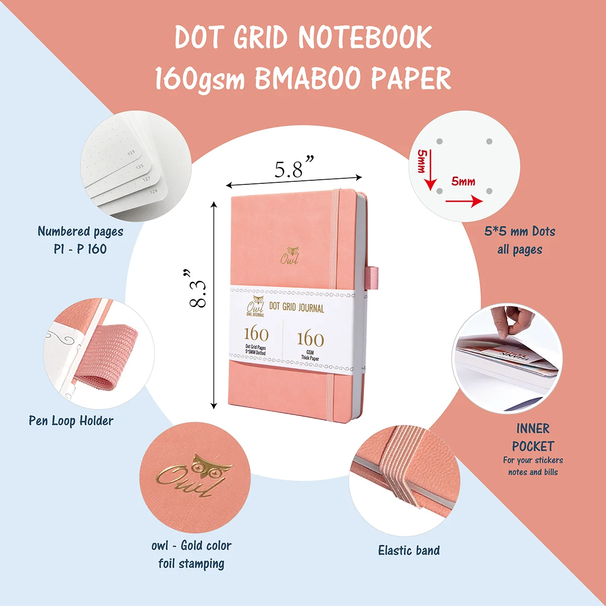 BUKE 5X5mm Journal Dot Gird Notebook 160 Pages Size 5.7X8.2 Inch 160Gsm Ultra Thick Bamboo Paper DIY Bujo Planner