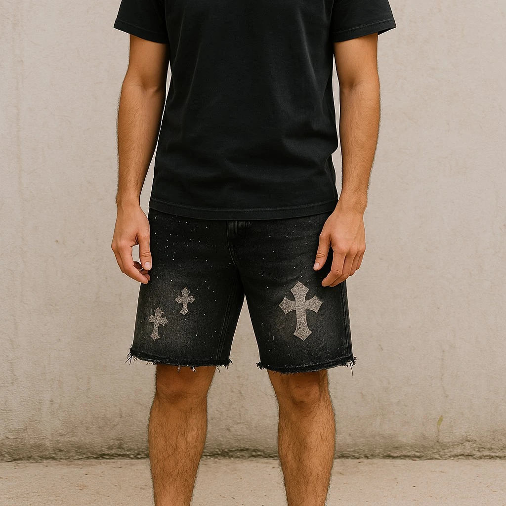 Men Black Distressed Denim Short Rhinestone Detailing Frayed Hem Casual Streetwear Summer Fashion Comfortable Stylish Daily Wear
