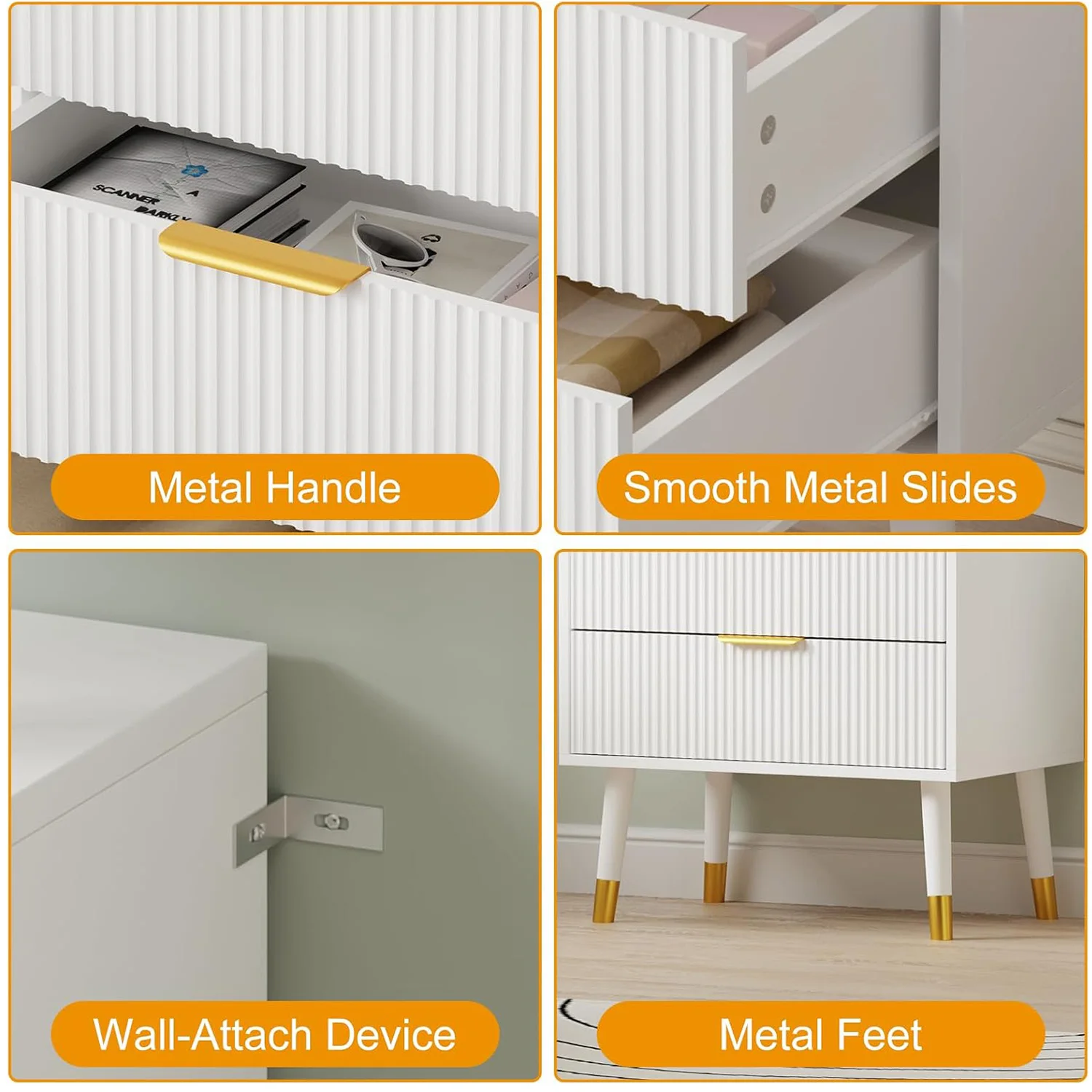 Kommode mit 4 Schubladen für Schlafzimmer, Kommode mit goldenen Griffen, hohe Kommode, kleiner Aufbewahrungsschrank aus Holz für Wohnzimmer – Detail 12