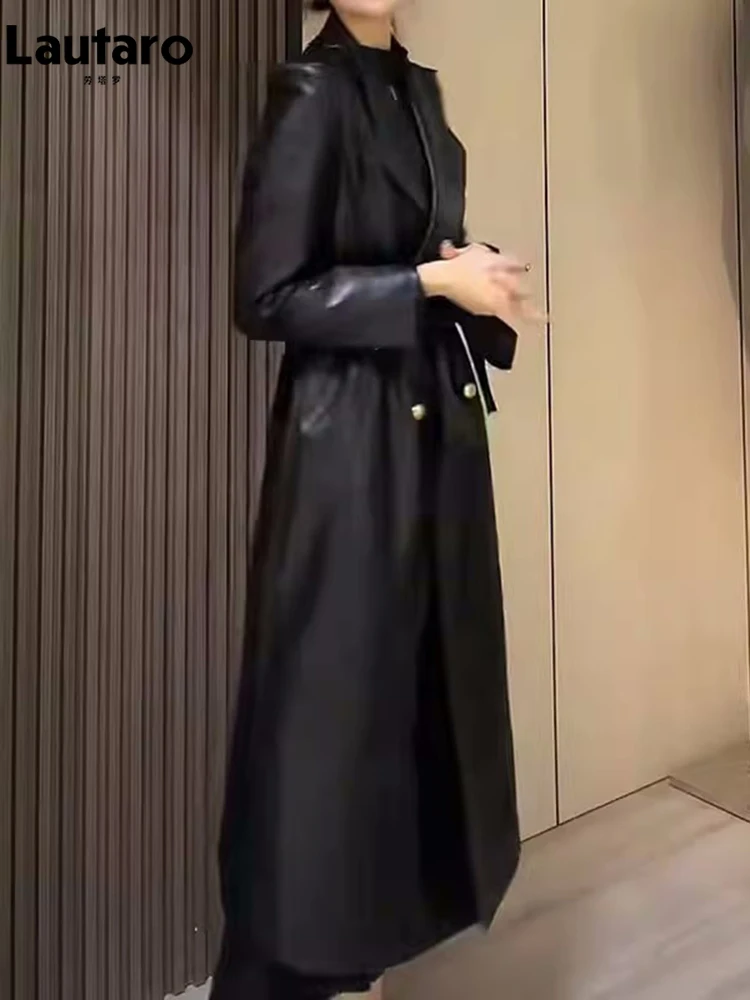 Lautaro-여성용 롱 PU 가죽 트렌치코트, 럭셔리, 엘레강트, 스타일리시, 시크, 다크 브라운, 블랙, 소프트, 런웨이, 패션, 봄