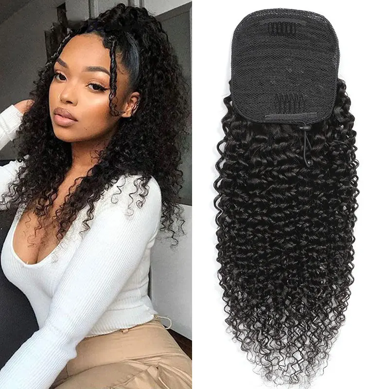 

Kinky Curly Human Hair Extensions Drawstring Ponytail Natural Clip in Hairpiece For Woman Water Wave Pony Tail Boymia Hair