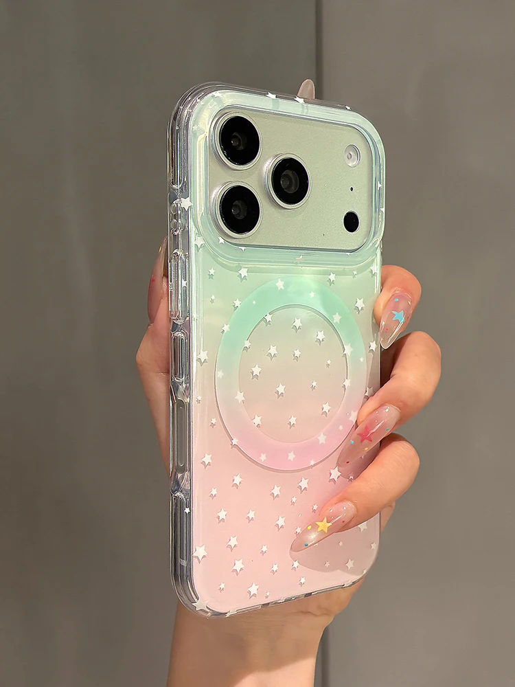 Stylish Strawberry Grip Tok Stand with Gradient Stars and Magnetic Wireless Charging Cover