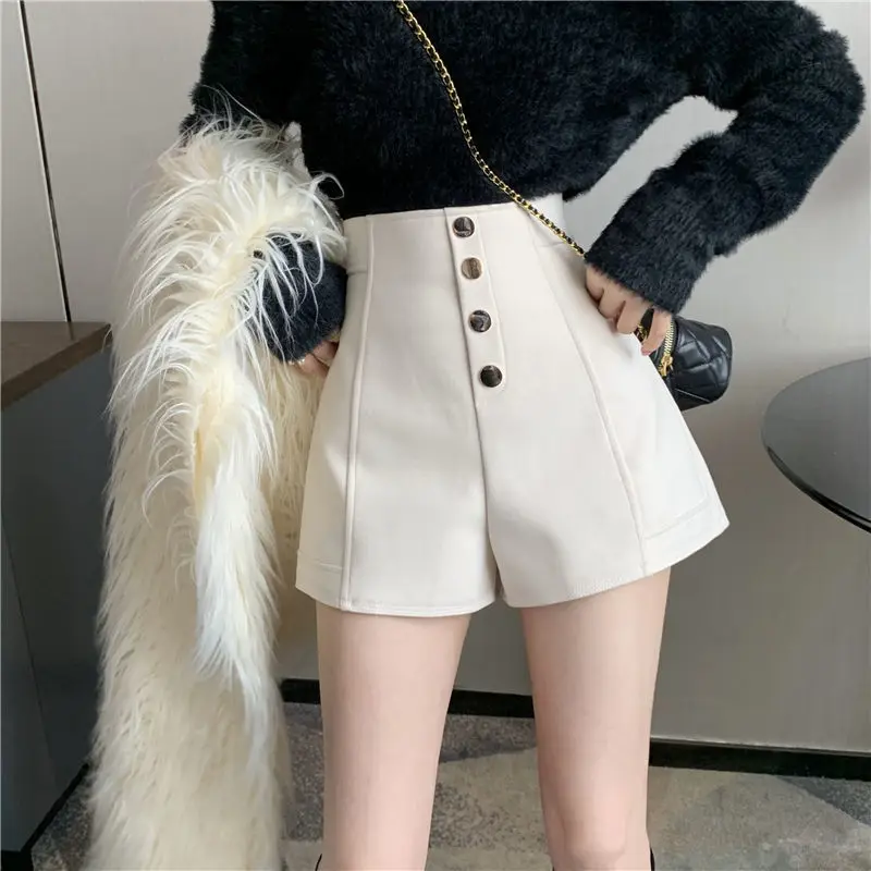 High Waist Button A-line Shorts Spring Autumn New Solid Color Loose All-match Wide Leg Pants Temperament Fashion Women Clothing