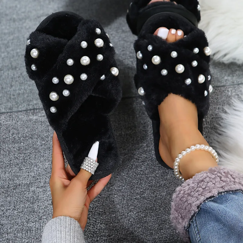 2025 New Autumn Winter Woolen Slippers for Women Flat-bottomed Home Slippers Pearl Decoration Crossed Woolen Slippers for Women