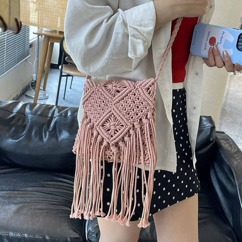 Women Crochet Shoulder Bag with Tassel Handwoven Crossbody Bag Solid Color Bohemian Sling Female Woven Bag