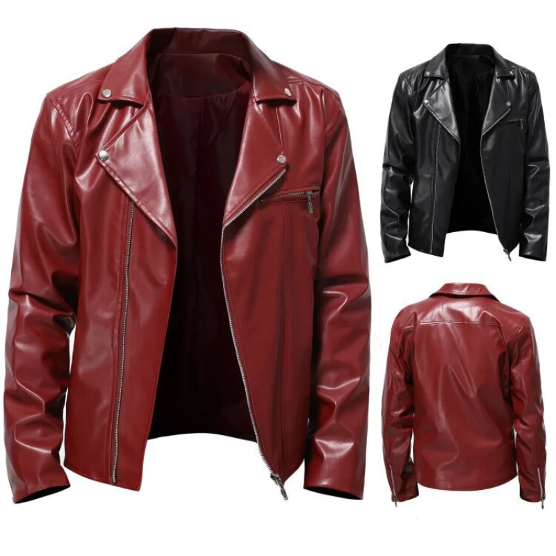 

Autumn and Winter Men's Leather Clothing Fashion Casual Lapel Cable Pull Motorcycle Pu Leather Jacket