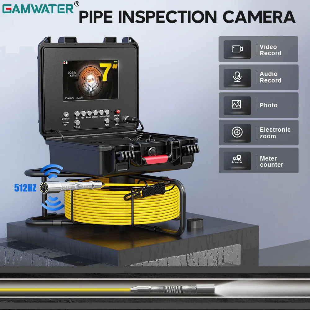 

GAMWATER Pipe Inspection Camera with 512Hz ( Locator) Self-Leveling 7" DVR Meter Counter 23MM Pipeline Industrial Endoscope