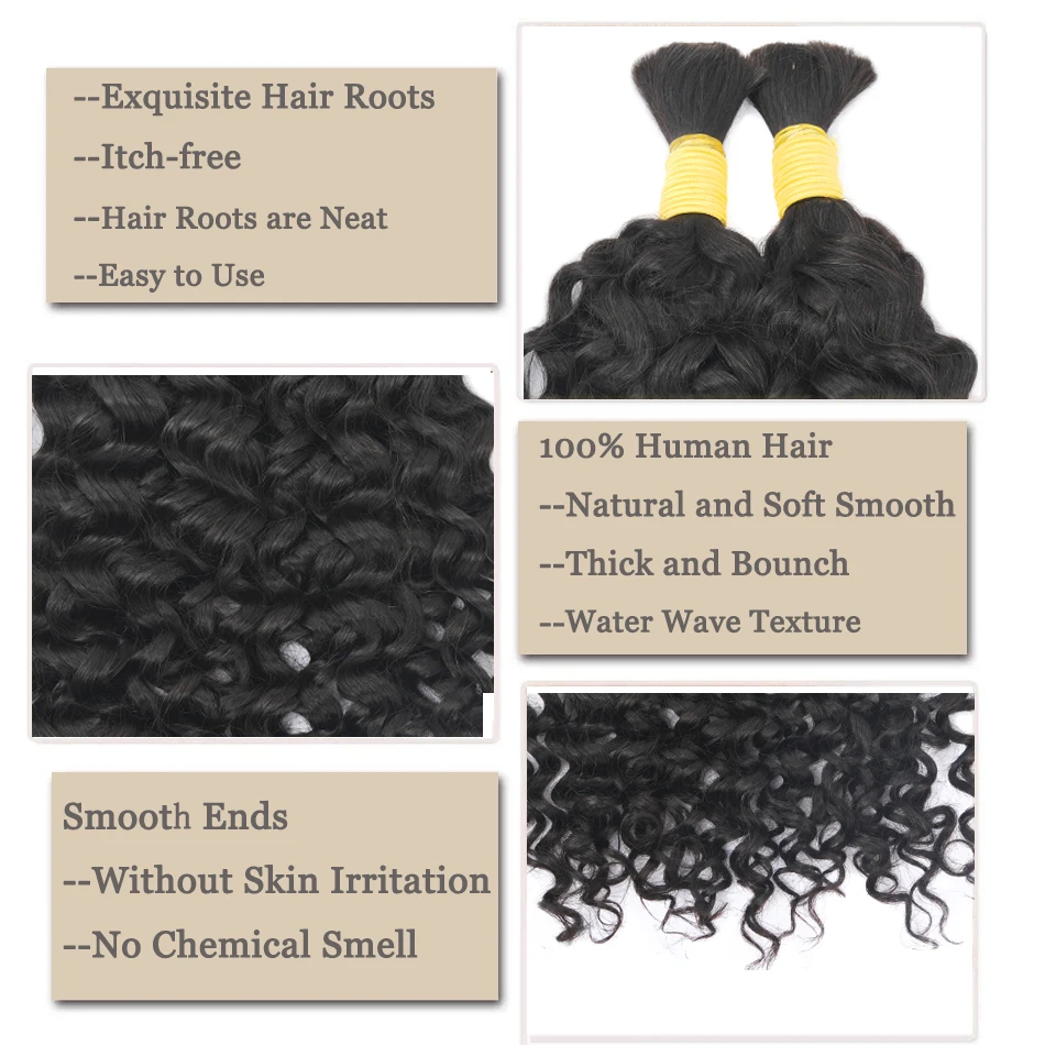 Water Wave 100% Human Hair Extensions Natural Wave Bulk Human Hair For Braiding Wet And Wavy Natural Black Bug Color 100g 28inch