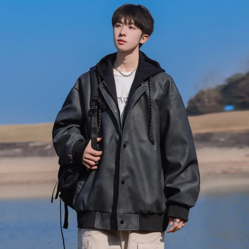 False Two-layer Hooded Jacket Coat Pilot Standing Collar Punching Jacket Casual Boys Waterproof Windproof Warmth Soft