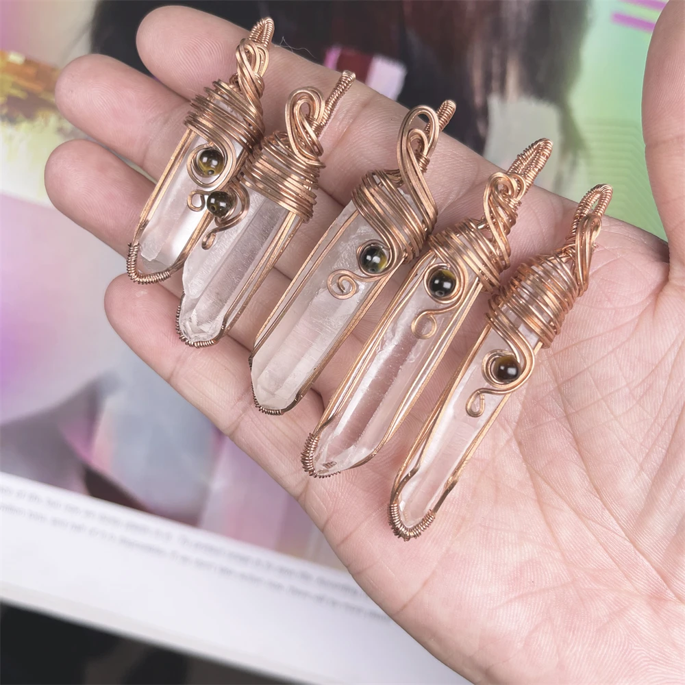 

DIY Handmade Red Brass Wire Wrapped Natural Clear Crystals Healing Stones Hexagonal Point Pendant Necklace For Mother Days Gifts