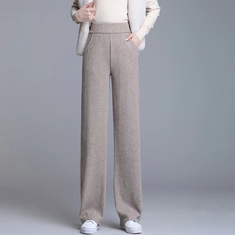 

Cashmere Knitted Wide Leg Pants Women's Autumn Winter Outer Wear High Waist Thickened Loose Casual Cashmere Trousers Black
