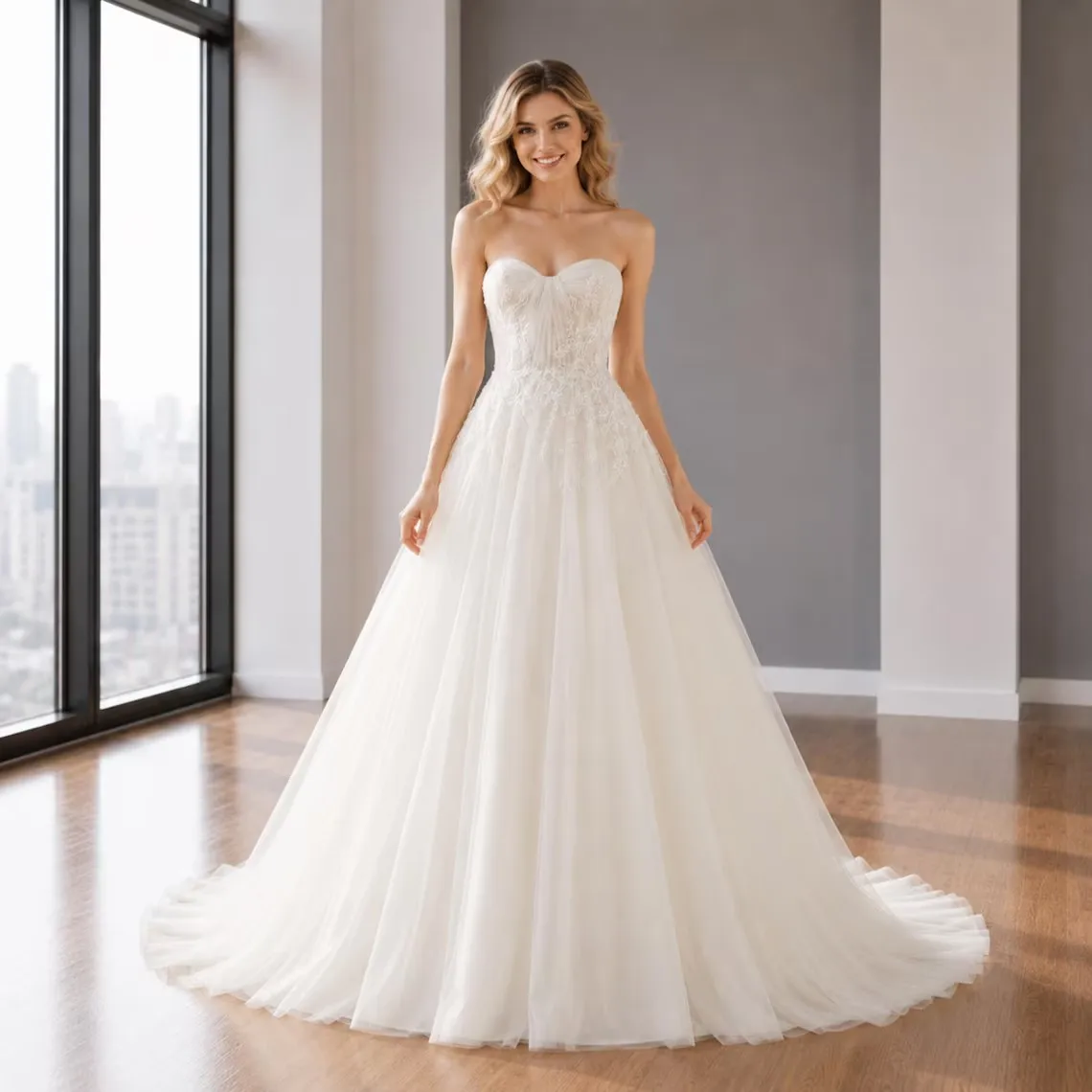 Abiti da Sposa Personalizzati Stile Principessa, Senza Spalline, in Tulle, con Applicazioni in Pizzo, Pieghe, Abiti da Sposa da Favola