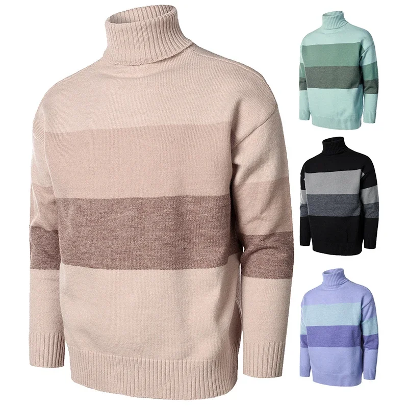 

Men's Fashion Pullover Sweater High Neck Men's Loose Striped Sweater Winter Casual Sweater Clothing For Man