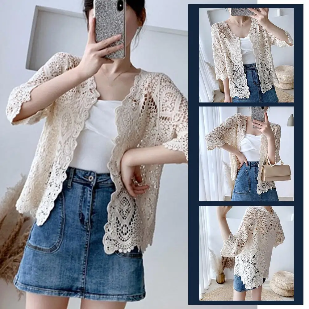 

Women Knit Lace Shrug Hollow Crochet Floral 3/4 Sleeve Open F3MD Crop Cardigan Front F1U4