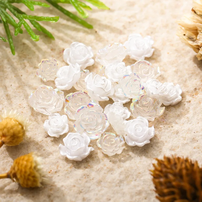 50PCS 6/8/10MM 화이트 로즈 꽃 결혼식 네일 아트 장식에 대 한 매력 3D 수 지 오로라와 유약 된 꽃잎 꽃 진주 구슬