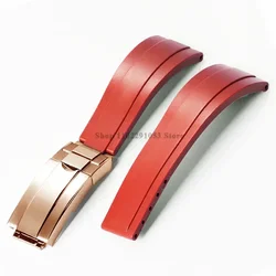 Enhanced Waterproof Silicone Sport Watch Strap with Metal Fold Buckle - 20mm Rubber Wrist Band - 20mm - No logo (Red - rosegold)