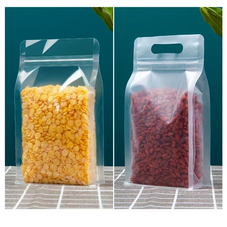 50pcs 식품 포장 지 플락 가방 투명 서리로 덥은 핸들 스탠드 캔디 너트 보관 재사용 가능한 주머니에 대 한 봉인
