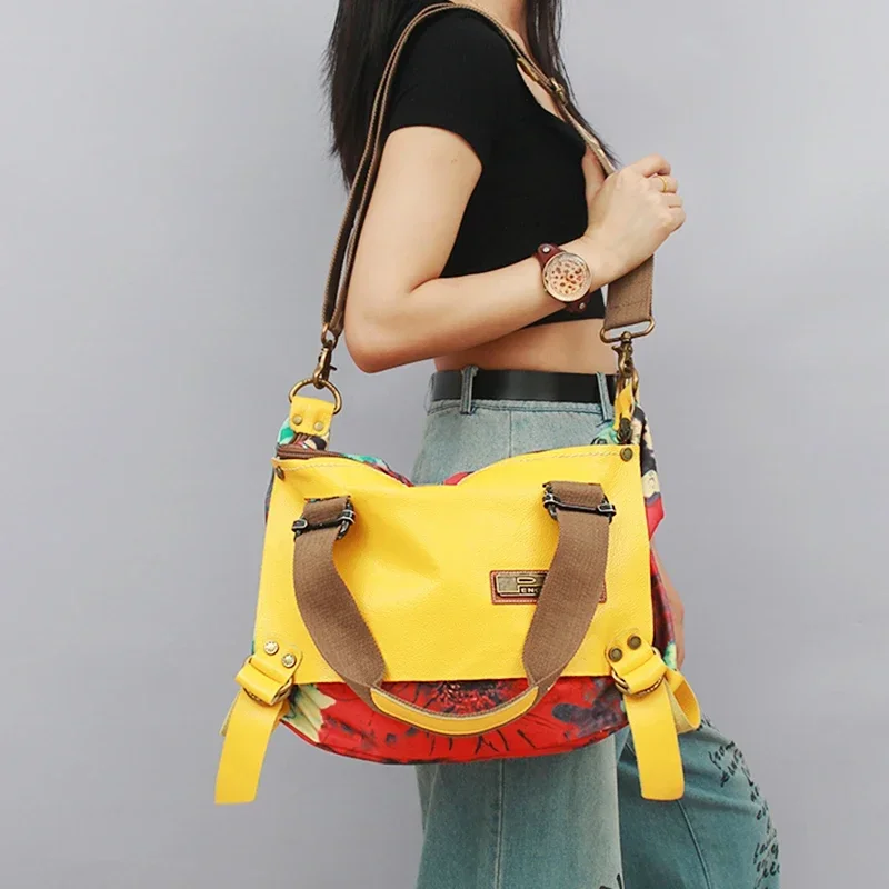

Genuine Leather With Canvas Women Bag Shoulder Crossbody Bag Large Capacity Ladies Handbags Commuter Portable Fashion Tote Bags