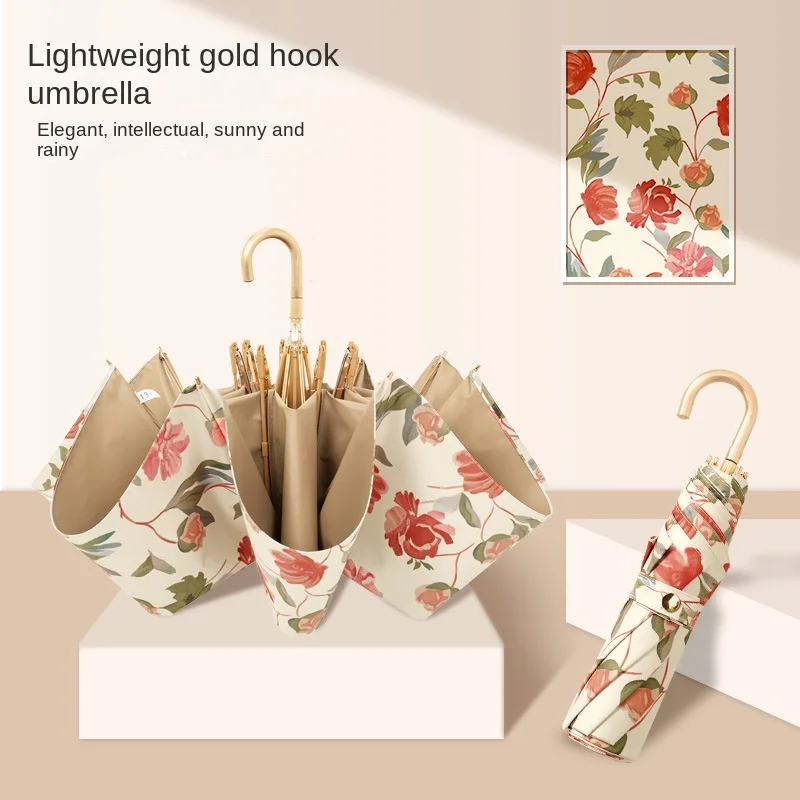 Hook Folding Umbrella for Women Rain or Shine Retro Sun Umbrella Sun Protection  Ultraviolet Protection  High-end Sunshade