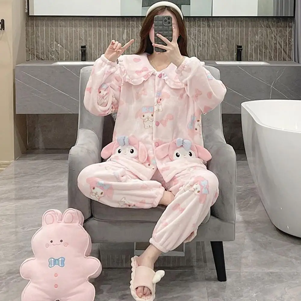 

Kawaii Sanrioed My Melody Pink Pajamas Suit Home Clothes Coral Fleece Soft Cardigan Tops Pants 2Pcs Set Women Plush Sleepwear