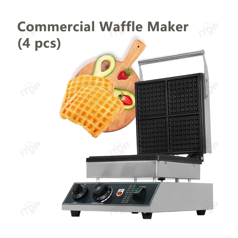 ITOP 4 pcs Commercial Waffle Machine Non-Stick Double-Sided Constant Heating 1750W Each Waffle Size about 11*11 cm