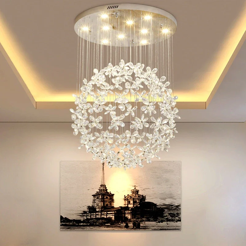 Modern minimalist living room crystal chandelier K9 circular flower ball luxury LED light bedroom stairs ceiling pendant lamp