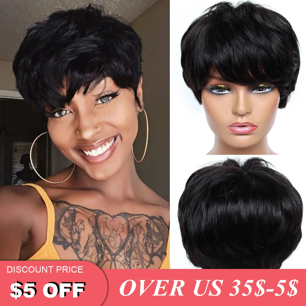 

Black Straight Human Hair Wig for Black Women Afro African Hair Short Pixie Cut Wig with Bangs Daily Use Machine Made Human Hair