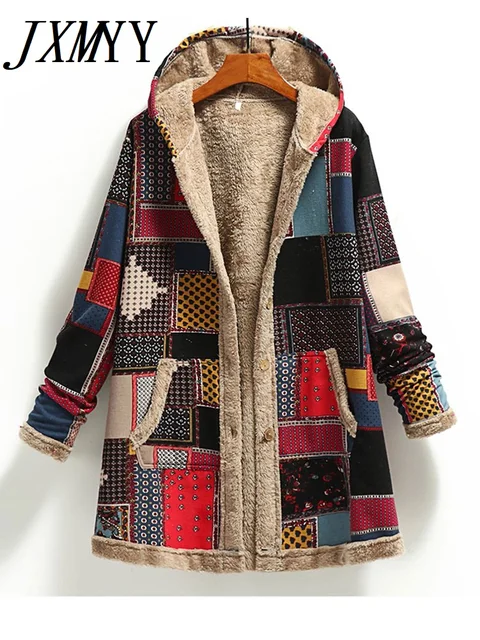 Женское флисовое пальто с капюшоном, винтажное теплое длинное пальто с карманами, Свободное пальто с принтом, зима 1